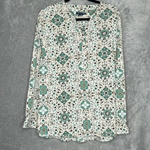 Architect 2X Shirt Top Ivory Paisley Long Sleeve Henley V Neck Lightweight Women